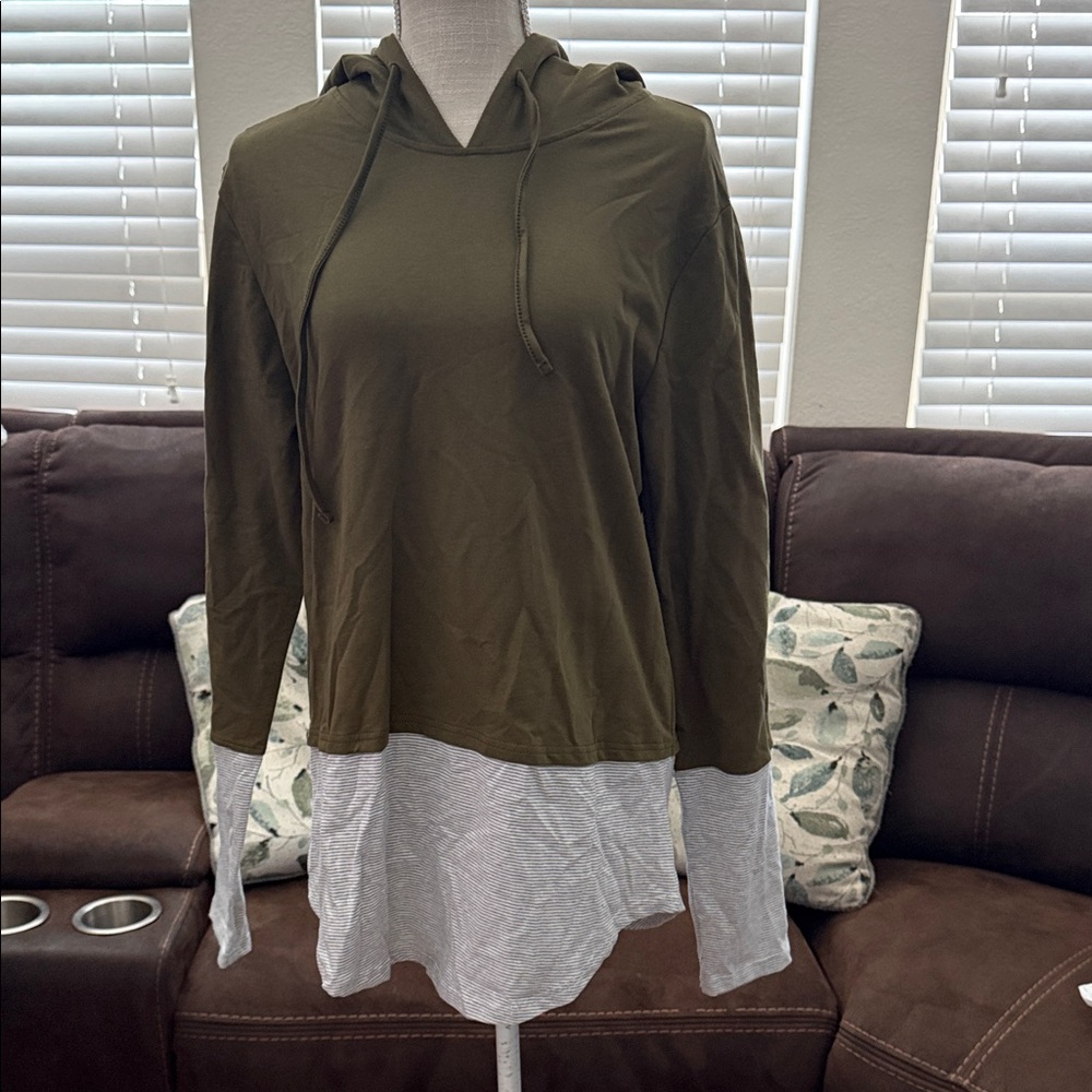 Olive Green - Grey striped Hooded Layered-Look large Women's Top